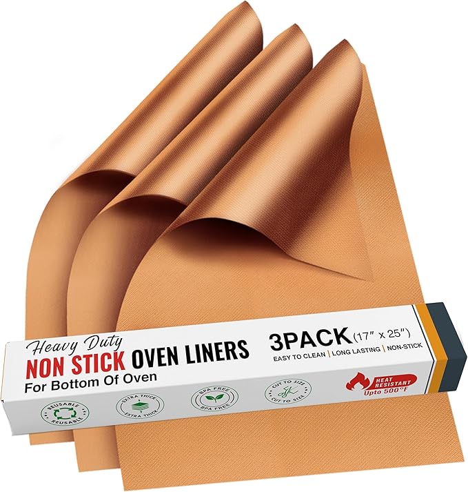 Non Stick Oven Liners for Bottom of Oven, 3 Pack Large Heavy Duty Mats, 17??x 25??BPA and PFOA Free Reusable Mat for Toaster Electric Gas Stove Microwave Charcoal or Gas Grills (Copper)