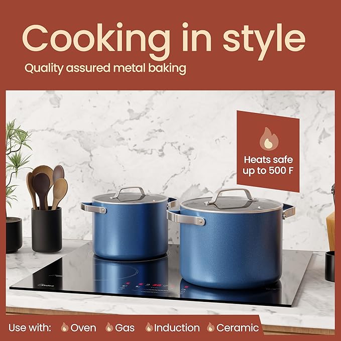 Bakken 3 Quart Ceramic Coated Stock Pot with Lid, Easy to Clean Nonstick Pot, Tempered Glass Lid, Riveted Stainless Steel Handles, Oven Safe Up To 500째F, PTFE & PFAS Free, All Stove Compatible, Blue