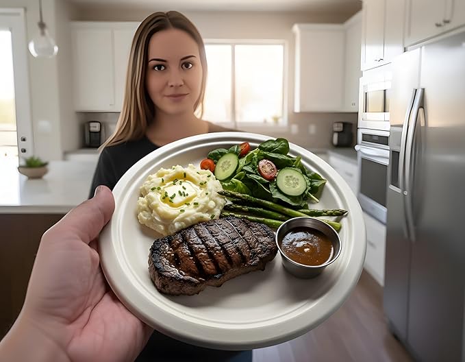 9 Inch Compostable Paper Plates ??150 Pack | Eco-Friendly Disposable Plates | Sturdy, Tree-Free, Heat & Leak Resistant Alternative to Plastic Plates