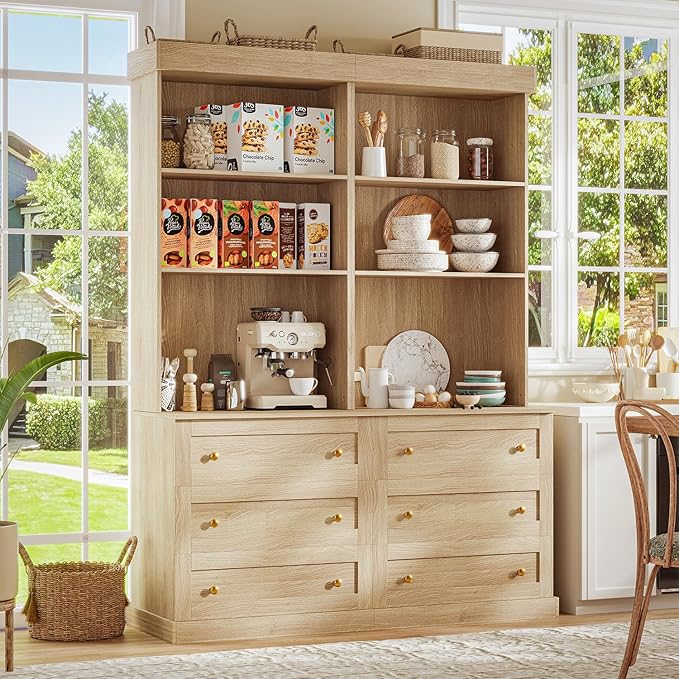 71" Tall Farmhouse Kitchen Pantry, Large Storage Cabinet with Drawers, Freestanding Coffee Bar Hutch with Microwave Stand, Adjustable Shelves for Kitchen, Living Room, Brown 3 Pcs
