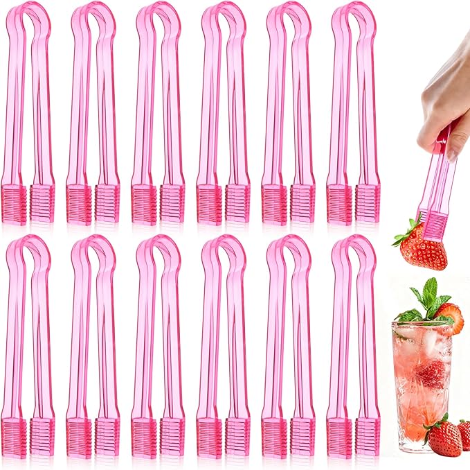 12 PCS Plastic Serving Tongs, 6.3 Inches Pink Disposable Tongs Kitchen Small Serving Utensil Tongs for Party Ice atering Buffet Bakery Salad