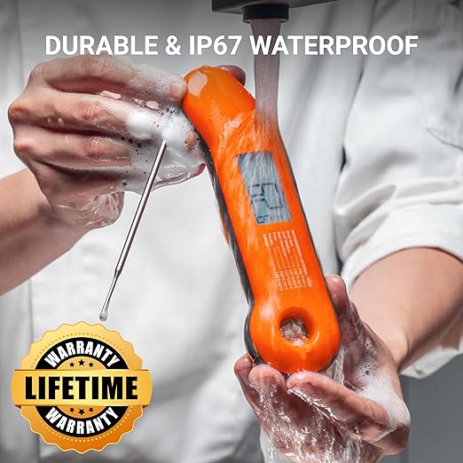 Professional Meat Thermometer Digital, Ultra-Fast 0.5 Sec Instant Read, NIST Certified 짹0.5째F Accuracy, IP67 Waterproof, Auto-Rotating Backlit Display, Lift-to-Wake, for BBQ/Candy, Orange&Gray