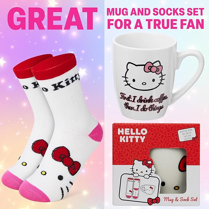 Get Trend Hello Kitty Sanrio Coffee Mug and Socks Set, 11.5 oz Ceramic Cup with Crew Socks, Kawaii Drinkware Christmas, Secret Santa Gifts for Women (White Hello Kitty)