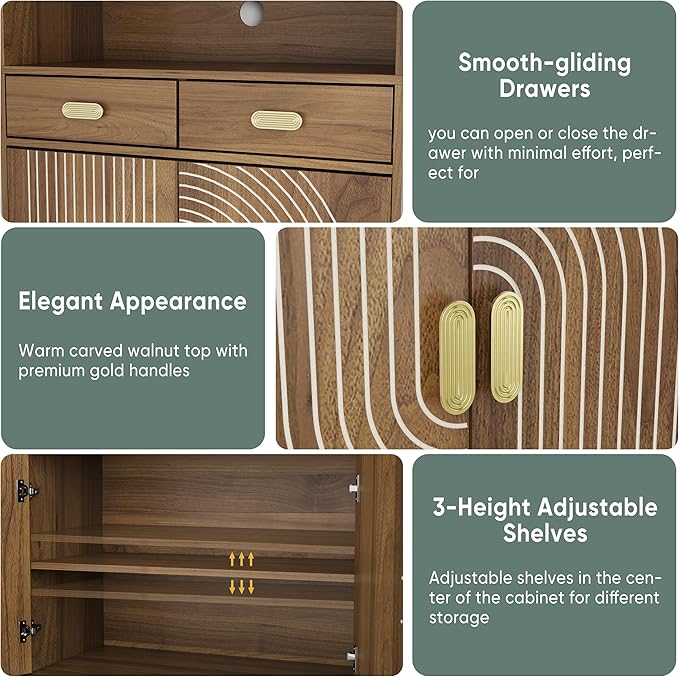 70.87" Tall Kitchen Pantry Cabinet with Line Grooved Doors & 4-Compartment Top, Storage Cupboard with 2 Drawers, Adjustable Shelves & Gold Handles for Dining Room, Bathroom, Walnut