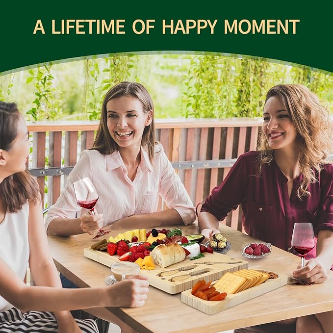 Premium Bamboo Charcuterie/Cheese Board Set ??Wooden Serving Tray with Hidden Knife Storage ??Cheese Knives & Forks - Perfect Bridal Shower, Housewarming, Anniversary, Mother's Day Gifts