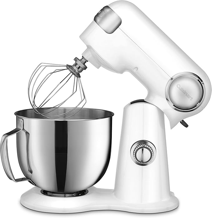 Cuisinart Stand Mixer, 12 Speed, 5.5 Quart Stainless Steel Bowl, Chef?™s Whisk, Mixing Paddle, Dough Hook, Splash Guard w/ Pour Spout, White Linen, SM-50, Manual