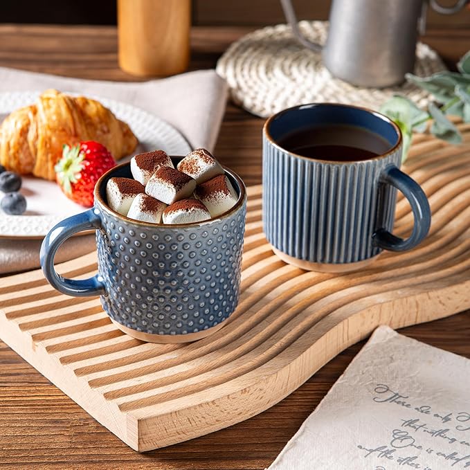 GBhome 6OZ Stackable Coffee Mugs with Stand and Saucer, Ceramic Coffee Mugs Set of 4 with Texture Patterns for Man,Woman,Dad,Mom, Modern Coffee Cups for Latte/Espresso. Dishwasher&Microwave Safe, Blue