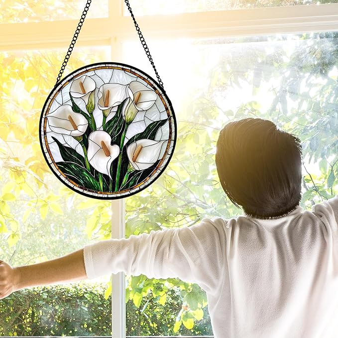 Stained Glass Window Hanging, White Calla Lily Flowers Sun Catchers Glass Panel Plant Suncatcher Decor for Birthday for Women, Men, Wife, Aunt, and Mom 9.8 in