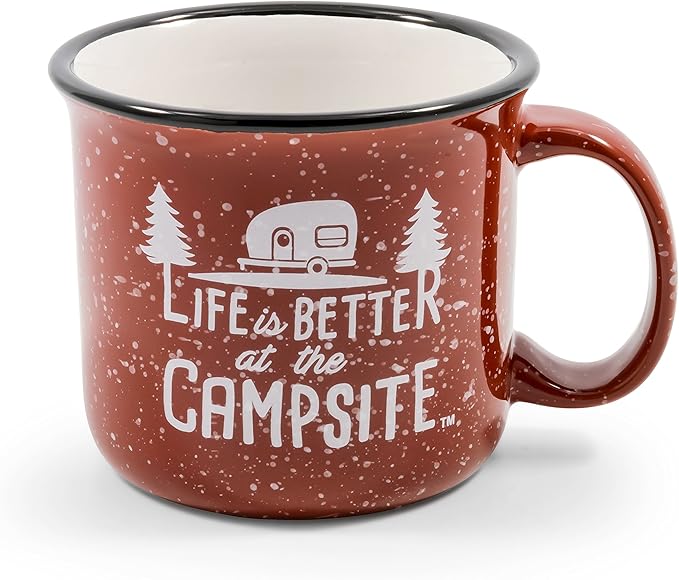 Camco Life is Better at the Campsite Ceramic Mug | Microwave and Dishwasher Safe | Speckled Red Background with White Life is Better at the Campsite Design | 14oz. (53235) (Pack of 2)