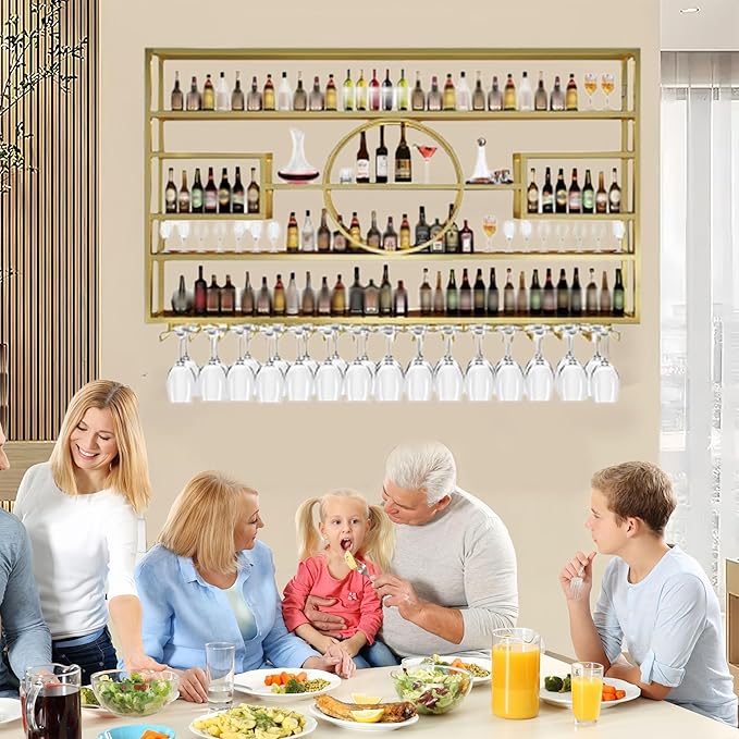 63in Modern Wine Rack Wall Mounted, Metal Wall Bar Shelves for Liquor Bottles with Glass Holder, Multifunctional Wood Bar Shelves Wall Mounted for Home Bar, Dining Room & Kitchen, Gold