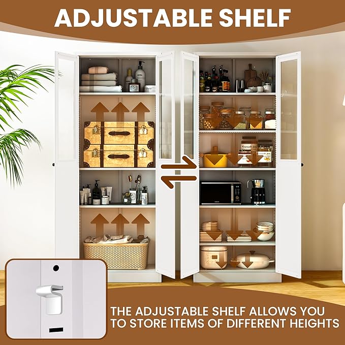 Metal Pantry Cabinet with Doors and 5 Adjustable Shelves, 72" Tall Kitchen Cupboard Storage Cabinets for Kitchen Dining Room Living Room Bathroom,Assembly Required (White)
