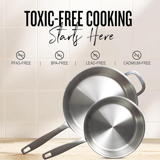 Alva Maestro 5-Ply Stainless Steel Frying Pan 8????Non-Toxic, Made without PFAS/PFOA/PTFE ??Pro-Level Heat Control for No Hotspots, Induction & Oven Safe, Works on All Stovetops, Perfect Searing