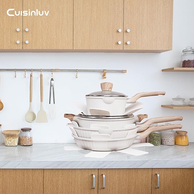 13-Piece Nonstick Pots and Pans Set ??Granite Stone Kitchen Cookware Set, PFOA-Free ??Includes Frying Pans, Saucepans, Saut챕 Pan ??Induction Compatible, White