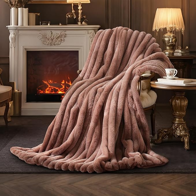 Am챕lie Home Faux Fur Throw Blanket for Couch, Ultra Cozy Fuzzy Fluffy Fur Luxurious Soft Striped Plush Gift Blankets for Family Sofa Chair Bedroom, 55"x70", Cationic Fox Brown