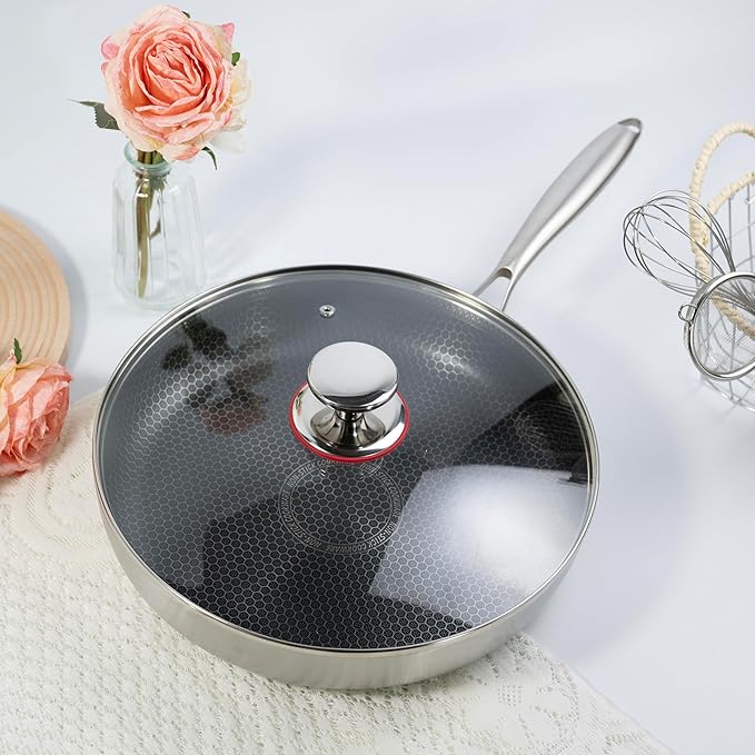 12 inch stainless steel frying pan with lid, hybrid non-stick skillet for induction, oven, broiler & dishwasher, non-toxic chef's pan, pfoa-free cookware
