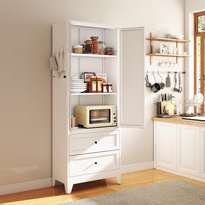 Metal Pantry Cabinet, 72 inch Tall Kitchen Pantry Cabinet, Pantry Storage Cabinet with 2 Adjustable Shelves, 2 Drawers, Utility Cupboard for Kitchen Dining Room Living Room Bathroom, White