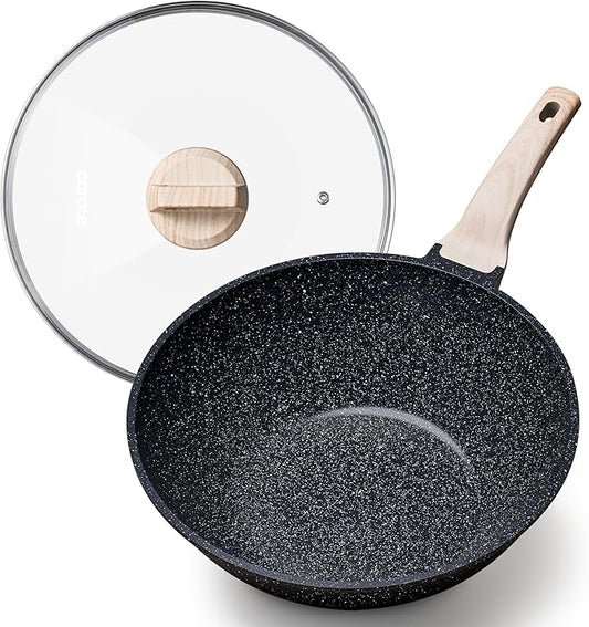 CAROTE Non Stick Wok with Lid 12''/5.3QT Woks & Stir-fry Pans Nonstick Granite Wok Pan Induction Cookware Deep Frying Pan, Compatible with All Stovetops