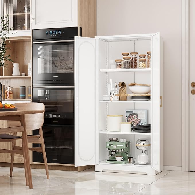 Kitchen Pantry Cabinet,60?쒶etal White Storage Cabinets with Doors and Shelves,Tall Cabinet with 2 Gold Hands for Dinning Room,Living Room