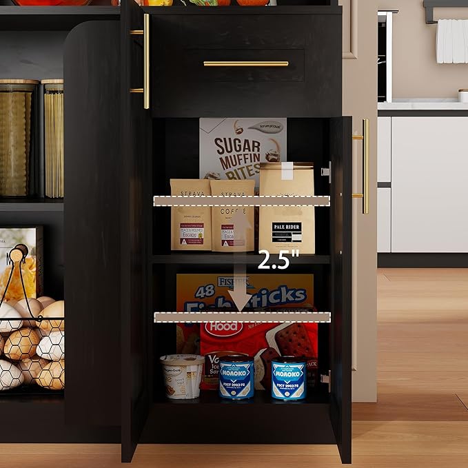 Kitchen Pantry Cabinet with Hutch: 71" Black Tall Kitchen Pantry Storage Cabinet with Drawers, 3 Glass Doors, Countertop, Hutch with Microwave Shelf and Charging Station for Dining Room (Black)