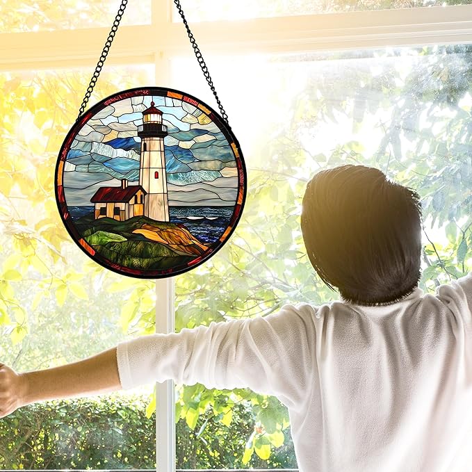 Stained Glass Window Hanging, Ocean Lighthouse Sun Catchers Glass Panel Blue Green Suncatcher Decor for Birthday for Women, Men, Wife, Aunt, and Mom 6.3 in