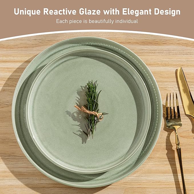 GBHOME Stoneware Dinnerware Sets for 4,Round Reactive Glaze Ceramic Plates and Bowls Set,Highly Scratch Resistant| Dishwasher & Microwave Safe Dishes Set,Service for 4(12Pcs)竊똋ight Green