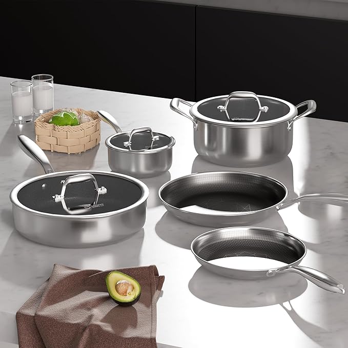 COOKER KING Stainless Steel Cookware Set, 8 Pcs Pots and Pans Set, Hybrid Ceramic Cookware,Non-Stick Frying Pans, Saucepan, Saute Pan & Stock Pot, Non-Toxic, Oven Safe, Induction Compatible