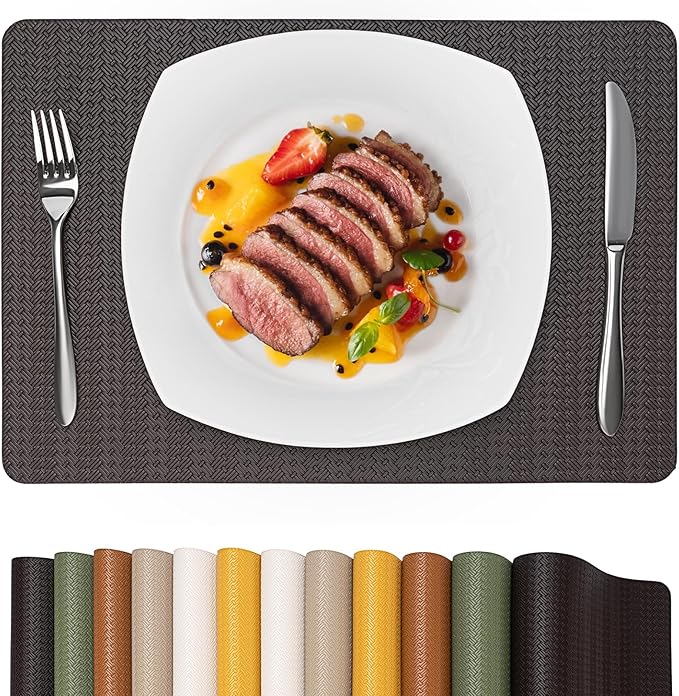 PROMATTOO Faux Leather Placemats Set of 4 – 17x12 Inch Vinyl Table Mats, Heat Resistant, Non Slip, Wipeable & Washable, Easy to Clean Dining Table Decor for Kitchen & Dining Room（Dark Brownish Black）