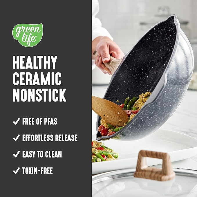 GreenLife Nonstick 12??(5QT) All in One Deep Skillet Wok with Lid, PFAS-Free Non-Toxic Ceramic Multi-Purpose Pan, Induction, All Stovetop, Egg, Stir Fry, Saute, Stay Cool Handle, Granite Black