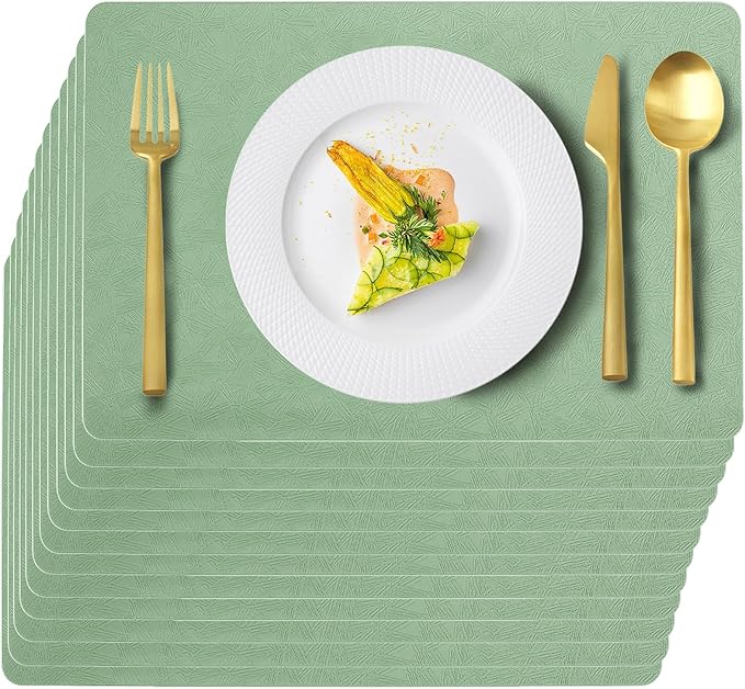Uolr Vinyl Placemats Set of 12 Faux Leather 100% Waterproof Wipeable Washable Place Mats Heat Resistant Easy Clean Non-Slip Table Mats for Indoor Outdoor. (12, Green)