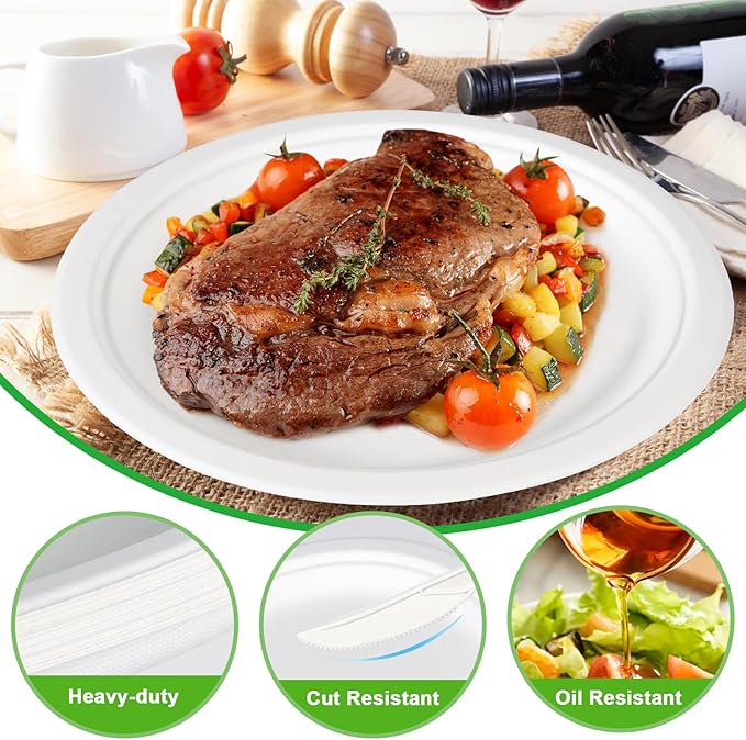 10 Inch Compostable Disposable Paper Plates, 150 Pack Heavy Duty Paper Plates, Made Of Eco-Friendly, Natural Sugarcane Bagasse
