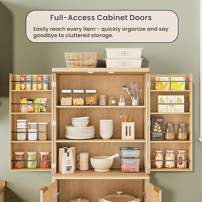 KEIKI 72" Tall Kitchen Pantry Wood Storage Cabinet with 6 Door Shelves Organizer Modern Fluted Cupboard for Kitchen Dining