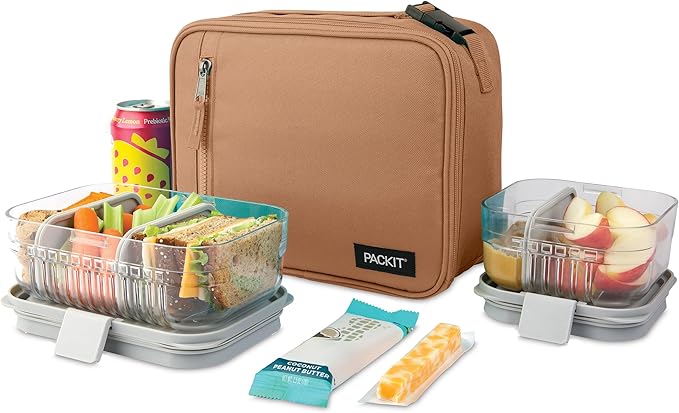 PackIt짰 Freezable Classic Lunch Box, Almond, Built with EcoFreeze짰 Technology, Collapsible, Reusable, Zip Closure With Zip Front Pocket and Buckle Handle, Designed for Fresh Lunch On the Go