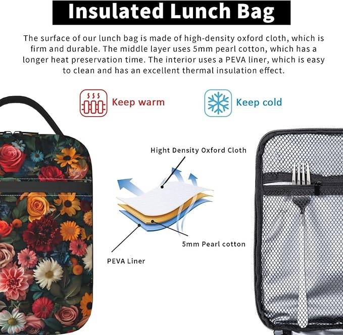 VANZEV Colorful Elegant Floral Print Insulated Lunch Box Gifts for Kids Adults Vibrant Flower Design Reusable Portable Lunchbox Cooler Lunchbag for Work Picnic School Travel or Hiking