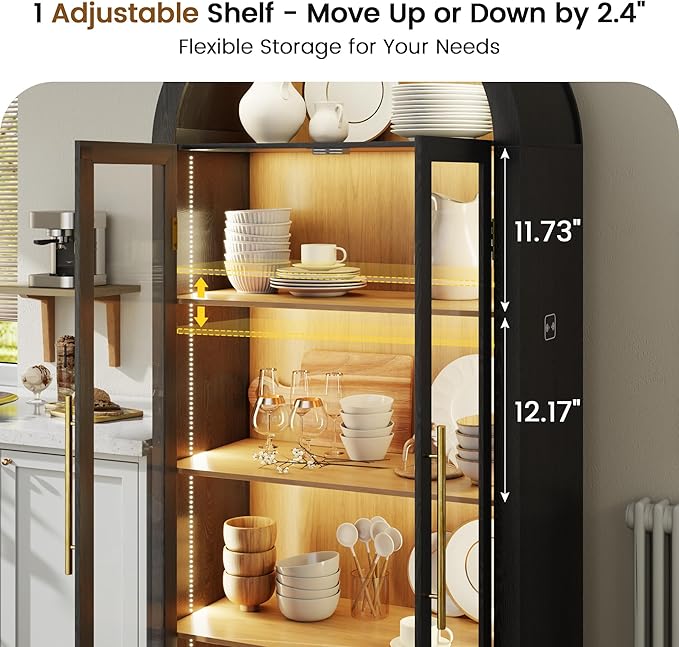 Vlsrka 71" Arched Storage Cabinet with Doors, Display Cabinet with LED Light & Human Sensor, 5-Tier Display Cases for Collectibles, Curio Cabinet with Ajustable Shelf for Living Room(Black+Wood)