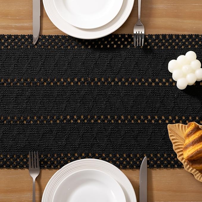 Socomi Boho Table Runner Valentine's Day Farmhouse Rustic Dining Kitchen Centerpiece Decor Small Macrame Woven Cotton Linen Coffee Table Runner for Dresser Scarf Home Decor 12x60 inch Black