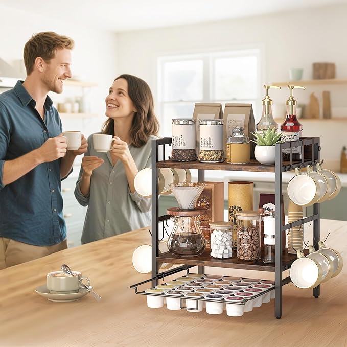 Coffee-Bar-Organizer With 25 K Cup & 12 Mup Holder, 3-Tier Kitchen Countertop Organizer For Coffee Station, Coffee Bar Shelf For Counter