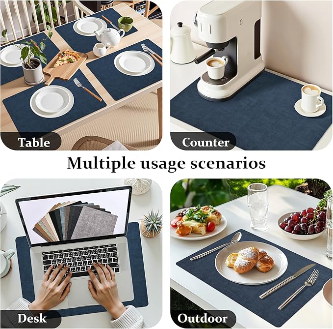 FROMHEART Faux Leather Placemats Set of 4?밯aterproof,Heat/Oil Stain-Resistant PU Table Mat?밨eversible,Non-Slip,Easy to Clean Place Mats for Kitchen,Dining,Indoor/Outdoor,(Dark Blue,11.8" x 17")