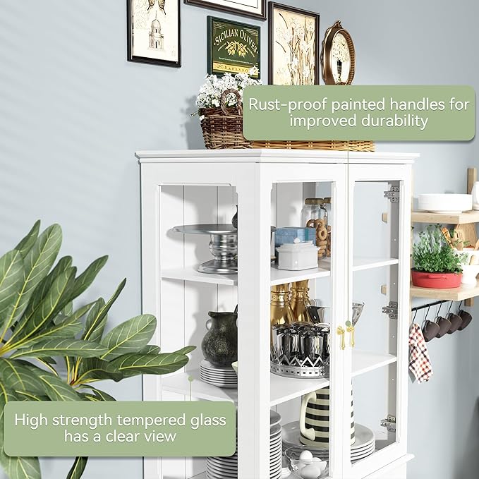 ARTPOWER 72" Freestanding Kitchen Pantry Storage Sideboard, Classical Tall Cabinet with Glass Door and Adjustable Shelves for Kitchen, Livingroom and Dining Room, White