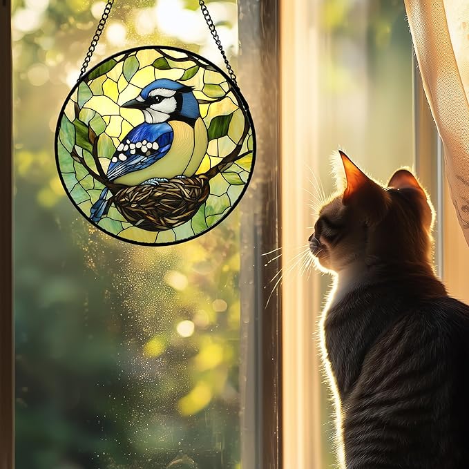Stained Glass Window Hanging 4 Pcs Set Bird Theme On Branch Large 15" - Cardinal Suncatcher Door Garden Sun Catcher Decor Birthday Christmas for Mom Woman Nana Men