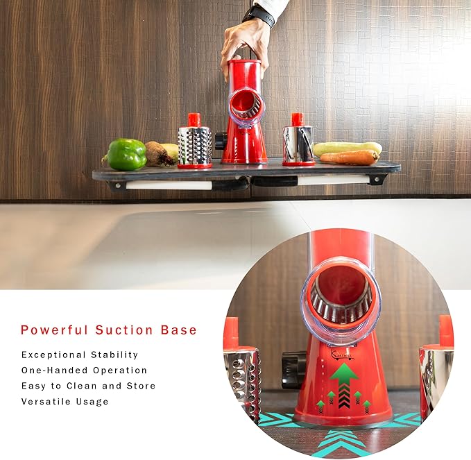 KARTWILL Rotary Cheese Grater with Handle - 3-in-1 Cheese Shredder - Easy to Clean Rotary Grater - Mandoline Vegetable Slicer Hand Crank - with Brush and Peeler - Red