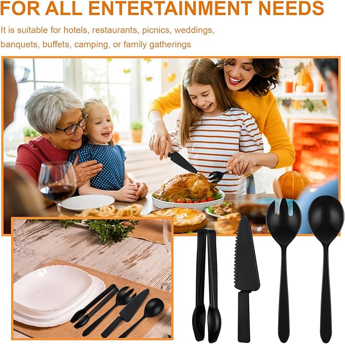 40 Set Disposable Plastic Serving Utensils Include10 Pcs 6.3 Serving Tongs 10 Spoons 10 Forks 10 Knives for Christmas Buffets Food Weddings Family Gathering Birthday Party(Black)