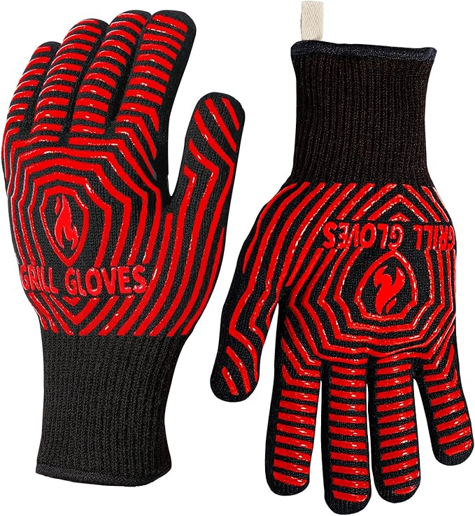 QUWIN BBQ Gloves, BBQ Accessories 1472??Extreme Heat Resistant, Grilling Gloves Silicone Non-Slip Oven Mitts, Kitchen Gloves for BBQ, Grilling, Cooking, Baking-1 Pair 11inch, Red