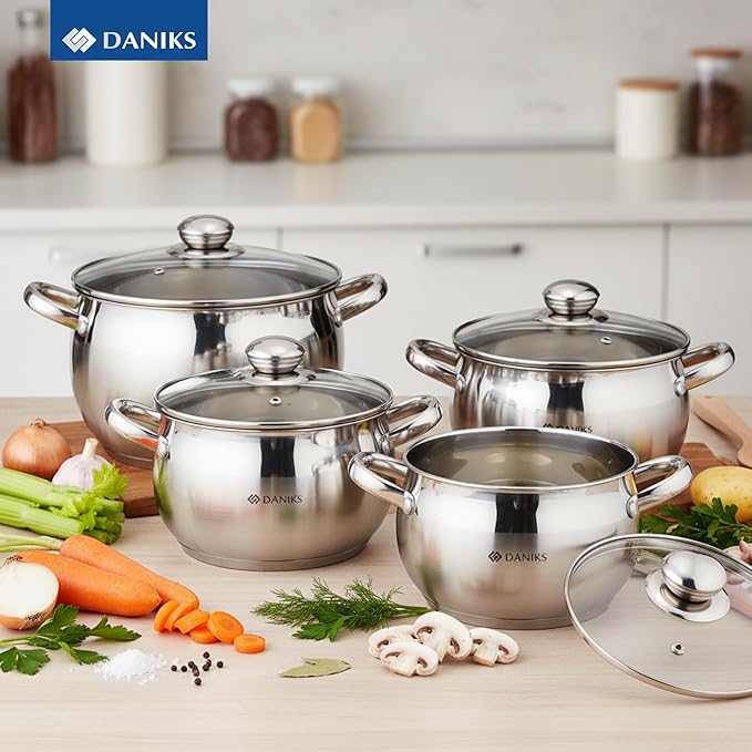 Daniks Classic 4 Quart Stainless Steel Stock Pot with Glass Lid, Tri-Ply Bottom for Even Heating, Induction Compatible, Dishwasher Safe