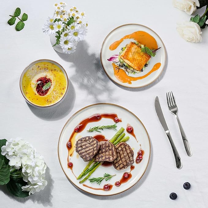 Herogo Plates and Bowls Sets for 4, 12 Pieces Stoneware Dinnerware Sets, Double Reactive Glaze, Microwave & Dishwasher Safe, Scratch Resistant, Ivory White