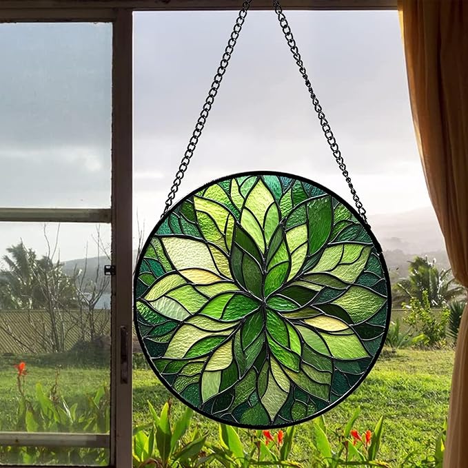 Stained Glass Window Hanging - Green Gradient Flowers Suncatcher for Doors Window Home Plant Sun Catchers Decor Christmas Mother's Day Birthday Gifts for Teacher Women Men Mom Nana 6.3 in