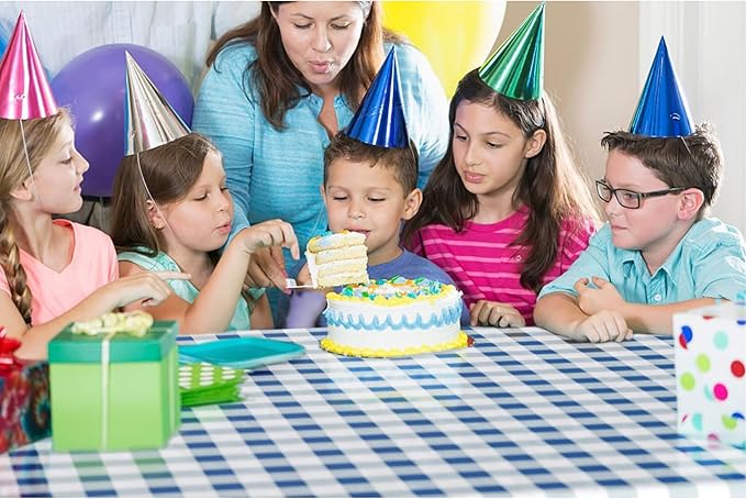 Party Solids 54 Inch X 300 Feet Blue Gingham Plastic Table Cover Roll in A Cut - to - Size Box with Convenient Slide Cutter. Cuts Up to 36 Rectangle 8 Feet Plastic Disposable Tablecloths