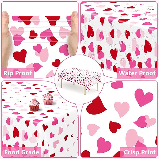 12 Pack Valentines Plastic Tablecloth, 54" x 108" Valentines Decorations, Heart Disposable Red Pink Galentine Tablecloths Love Party Favors, Love Decorations Table Decor for Birthday Party Supplies