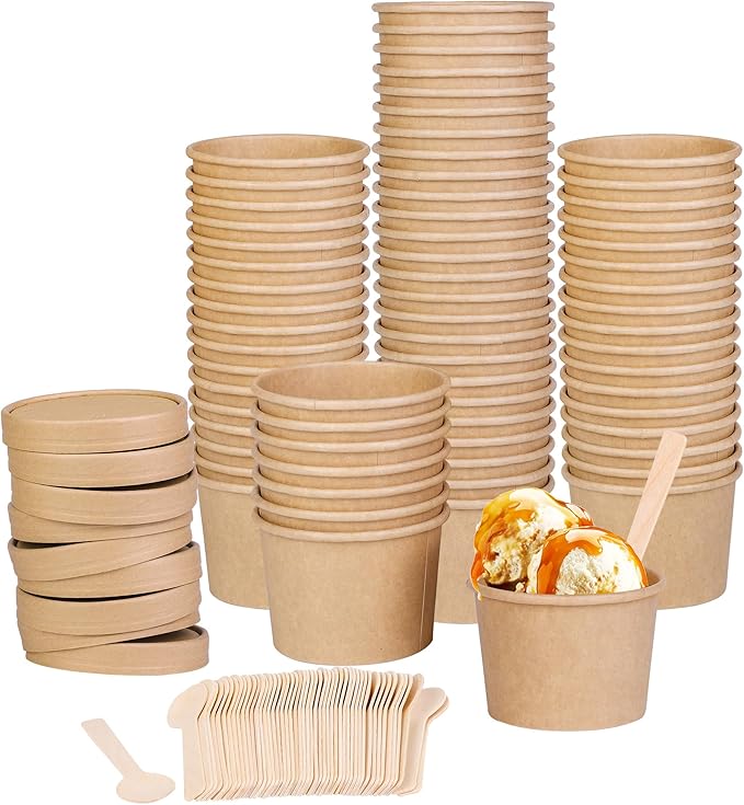 Ruisita 50 Pack Heavy Duty Soup Containers with Lids Ice Cream Bowls with Lids and Spoons 8 Ounces Disposable Bowls Ice Cream Sundae Cups Kraft Paper Cups with Lid Soup Containers To Go, Brown