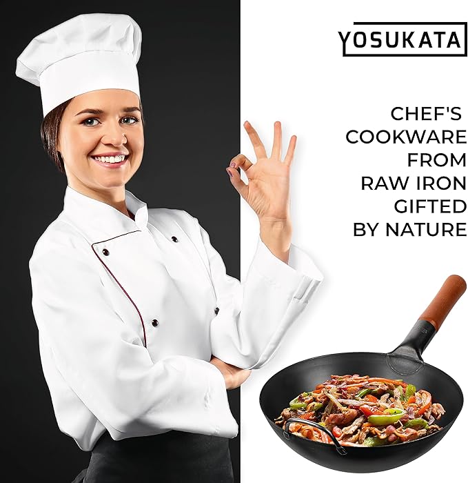 YOSUKATA 11.8" Carbon Steel Wok Pan ??Pre-Seasoned Flat Bottom Pow Wok for Stir Fry, BBQ, Grill & Camping ??Traditional Japanese Chinese Cookware ??Compatible with Induction, Electric, Gas, Open Fire