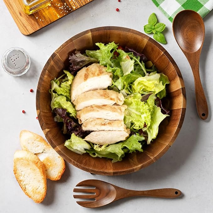 Wooden Salad Bowl Set 11.8 Inch ??Acacia Large Wood Salad Bowl with Wooden Serving Utensils, Big Salad Bowls for Fruits, Food Serving & Hosting Family Gatherings